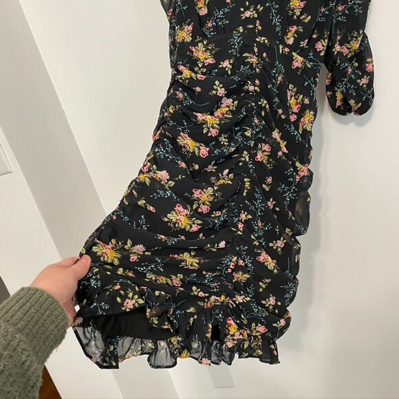 NEW NWT LEA VIOLA Shirred Floral Mini Dress Black Pink Multi Ruched Bodycon S - Picture 9 of 16